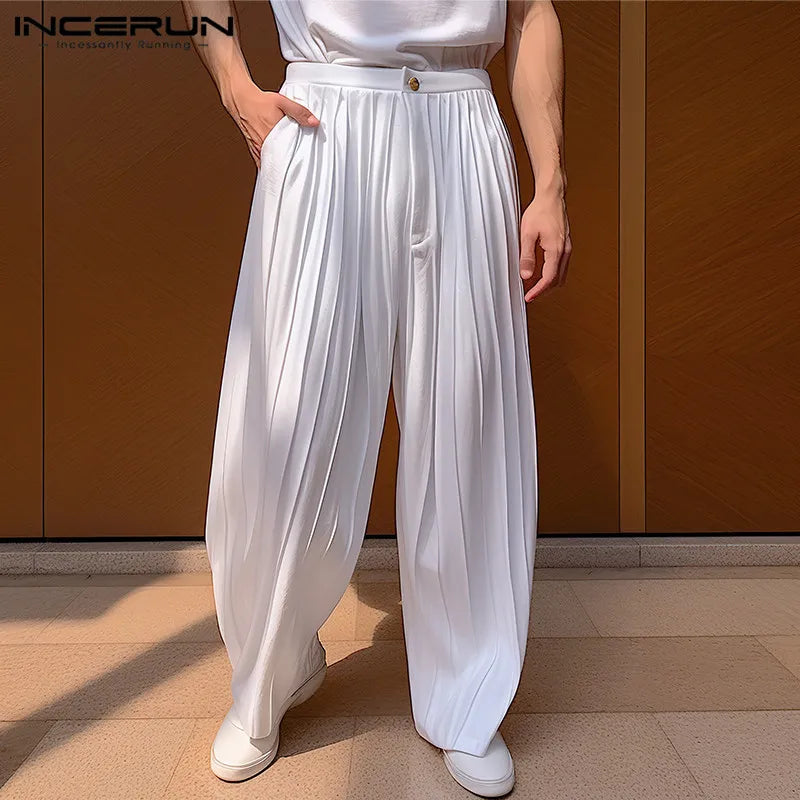 INCERUN 2024 Koreanische Stil Neue Herren Pantalons Plissee Lose Breite Bein Hosen Casual Solide Alle-spiel Bequeme Lange Hosen S-5XL