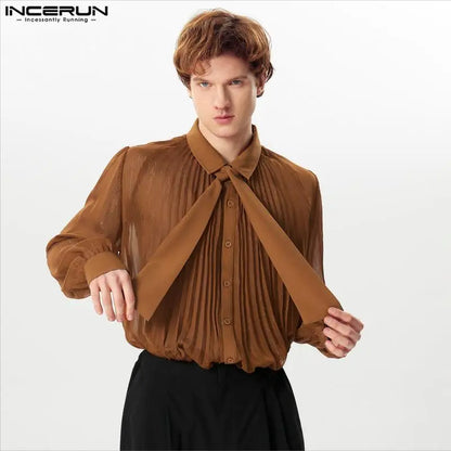 INCERUN 2024 Men's Sexy Shirt Mesh Transparent Lapel Long Sleeve Camisa Tie Pleated Solid Comfortable Clothing Streetwear S-5XL