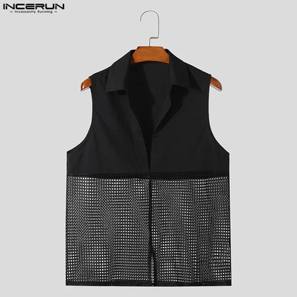 Sexy Stylish Style INCERUN Men's Slightly Perspective Mesh Splicing Shirts Summer Casual Streetwear Male Sleeveless Blouse S-5XL