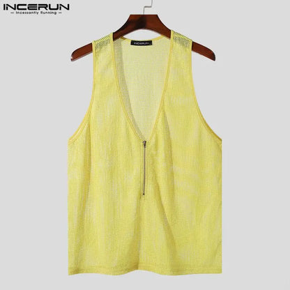 INCERUN Tops 2024 Style coréen Hommes Maille creuse Col en V Conception Gilets Été Décontracté Streetwear Sans Manches Débardeurs À Fermeture Éclair S-5XL