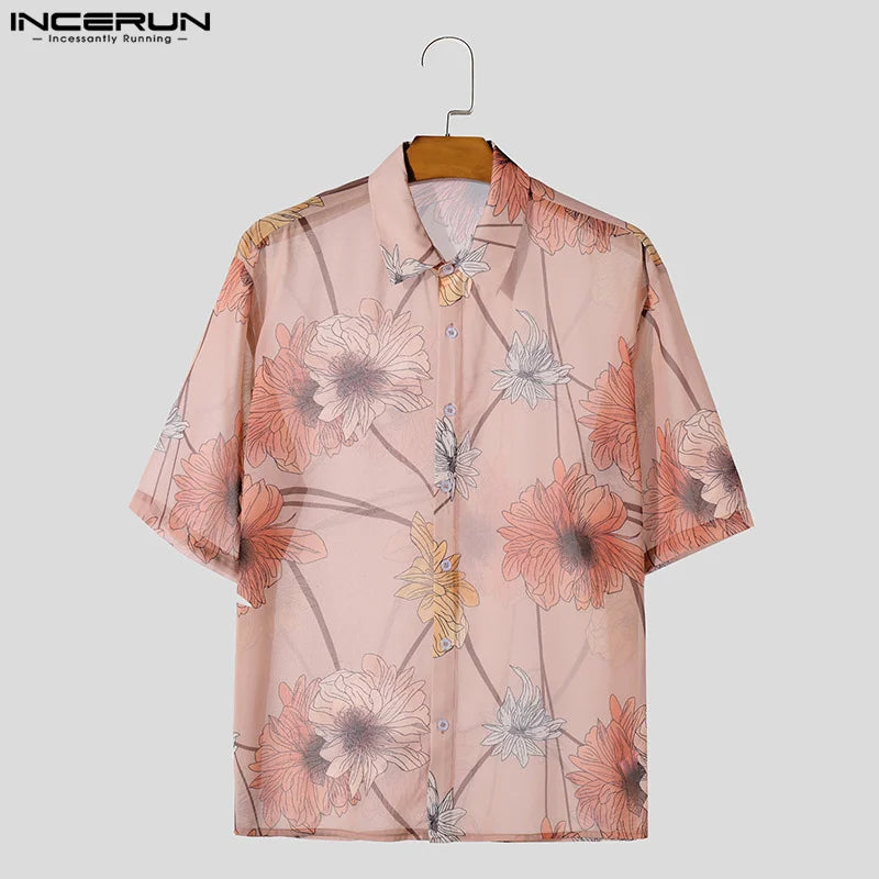 INCERUN Tops 2024 American Style Mens Fashion Perspective Floral Print Shirts Casual Personality Thin Short Sleeved Blouse S-5XL