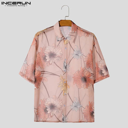 INCERUN Tops 2024 American Style Mens Fashion Perspective Floral Print Shirts Casual Personality Thin Short Sleeved Blouse S-5XL