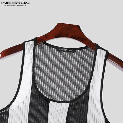 INCERUN Männer Tank Tops Gestreiften U-neck Kragen Ärmelloses Fitness Sommer Männlichen Westen Streetwear 2024 Mode Casual Männer Kleidung