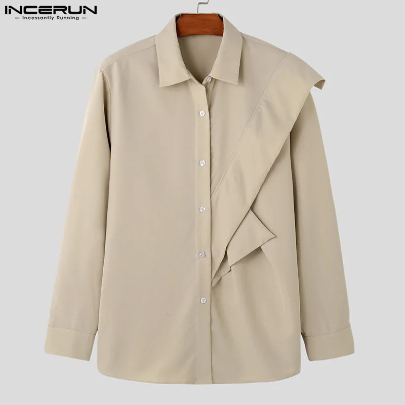 Handsome Well Fitting Tops INCERUN Men Fashion Loose Sloping Design Shirt Casual Streetwear Solid Long Sleeved Blouse S-5XL 2024