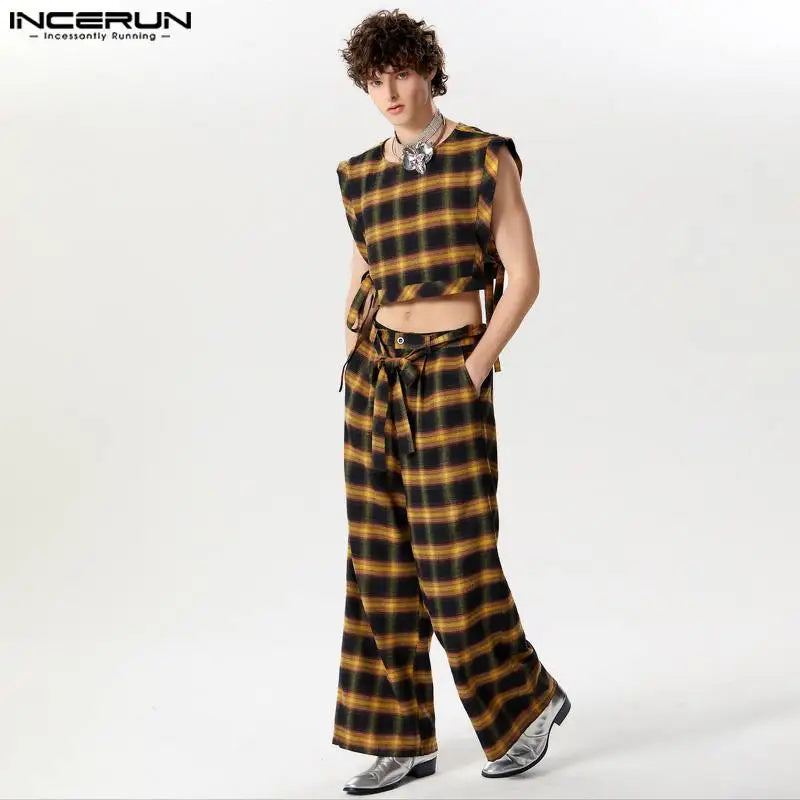 INCERUN 2024 American Style Men's Stylish Sets Sleeveless Vests Long Pants Casual Cropped Plaid Lace Design Suit 2 Pieces S-5XL