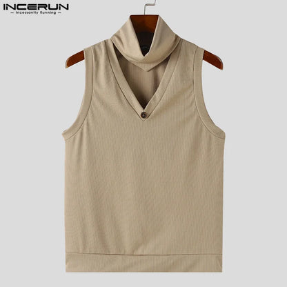 Fashion Casual Style Tops INCERUN New Men's High Neck Design Vests Streetwear Sport Male Striped Sleeveless Tank Tops S-5XL 2024