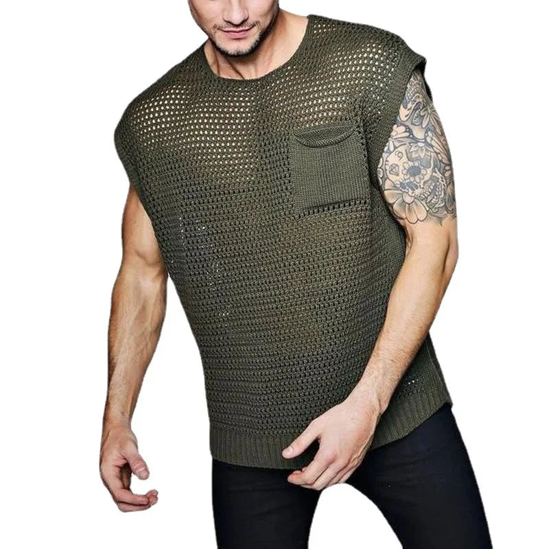 HOUZHOU Green Knit Mesh Vest Men Transparent Sexy Men's Tank Tops Red See Through Men's Clothing Sleeveless Tee Streetwear