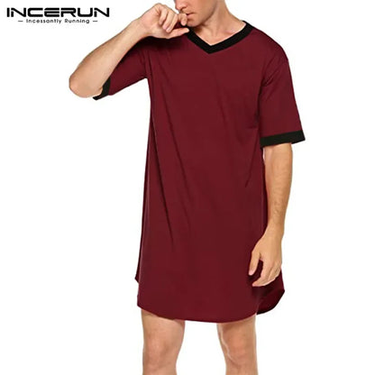 INCERUN New Men's Nightgown Fashion Patchwork Sleep Robe Solid Sleepwear Short Sleeve Bathrobe Loose V Neck Homewear S-5XL 2022