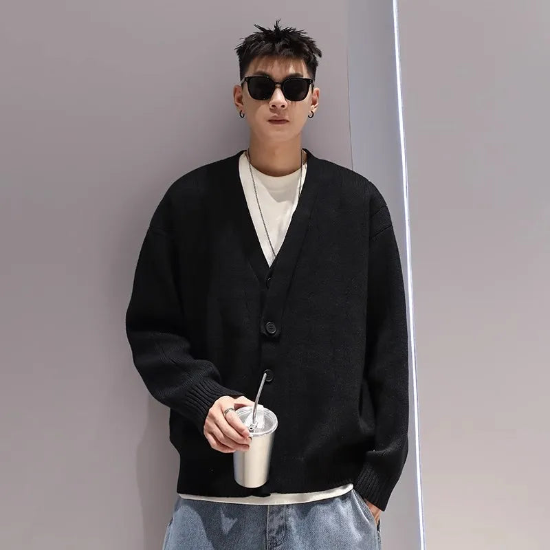 HOUZHOU Knit Cardigan Male Korean Style Sweater Coat Men Old Money Autumn Winter Loose Casual Men's Long Sleeve Streetwear