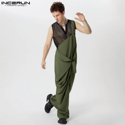 INCERUN 2024 American Style New Men's Jumpsuits Solid Straight Tube Loose All-match Rompers Casual Clubwear Male Overalls S-5XL