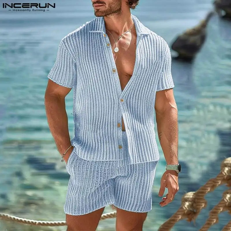 INCERUN 2024 American Style Fashion Sets Men Mesh Vertical Stripe Knitted Short Sleeved Shirts Shorts Summer Two-piece Set S-5XL