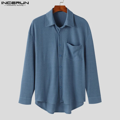 Handsome Well Fitting Tops INCERUN New Men's Casual All-match Texture Shirts Fashion Streetwear Solid Long Sleeved Blouse S-5XL