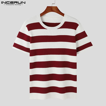 Handsome Well Fitting Tops INCERUN Men's Knitted Striped Design Sweaters Casual Streetwear O-neck Short Sleeved Pullovers S-5XL