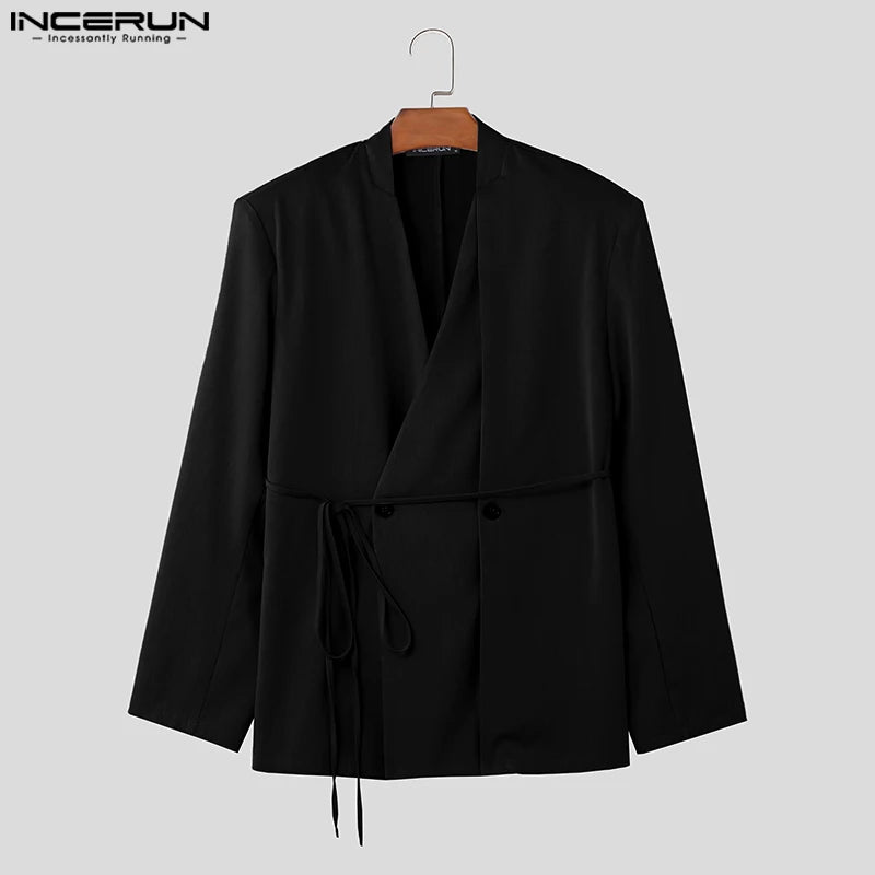 INCERUN Tops 2023 Korean Style New Men's Loose Simple Strapping Double Breasted Suit Coats Collarless Long Sleeved Blazer S-5XL