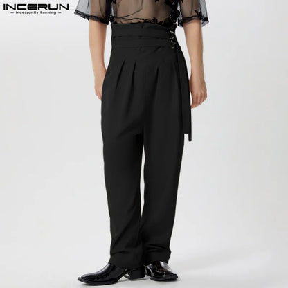 INCERUN 2024 Pantalons im amerikanischen Stil, stilvolle Herrenhose mit hoher Taille und Schnürung, einfarbige Hose mit weitem Bein, S-5XL