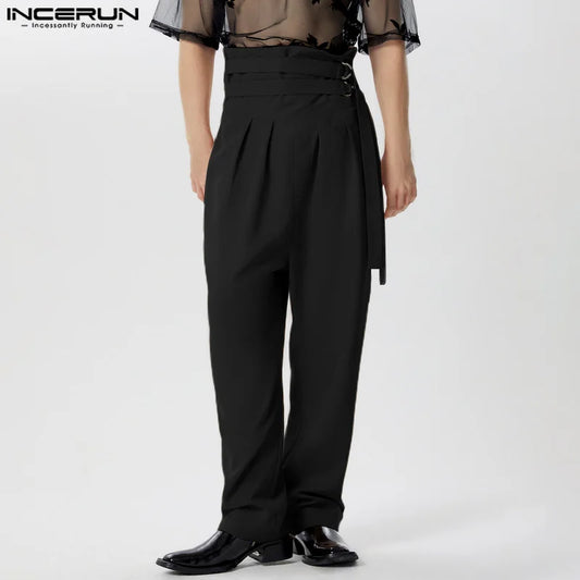 INCERUN 2024 American Style Pantalons Stylish Men High Waisted Lace Up Design Trousers Male City Walk Solid Wide Leg Pants S-5XL