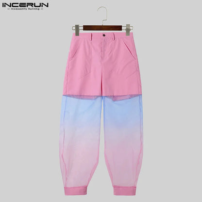 INCERUN 2024 American Style Trousers Mens Fashion Fake Two-piece Tie Dyed Pants Casual Clubwear Male Personality Pantalons S-5XL