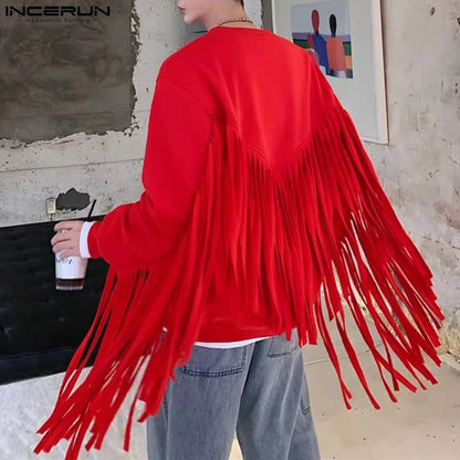 INCERUN Tops 2024 Korean Style New Men's Red Tassel O-neck Design Camiseta Stylish Hot Selling Male Long Sleeved T-shirts S-5XL