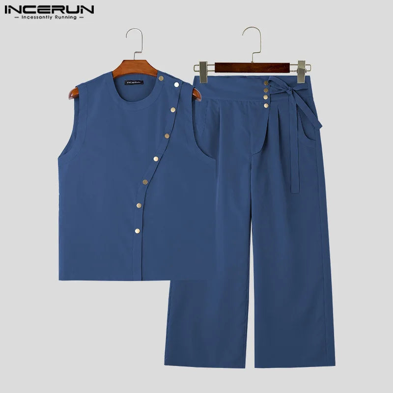 INCERUN 2024 American Style Stylish Sets Handsome Men Diagonal Front Design Tank Tops High Waist Pant Casual Suit 2 Pieces S-5XL