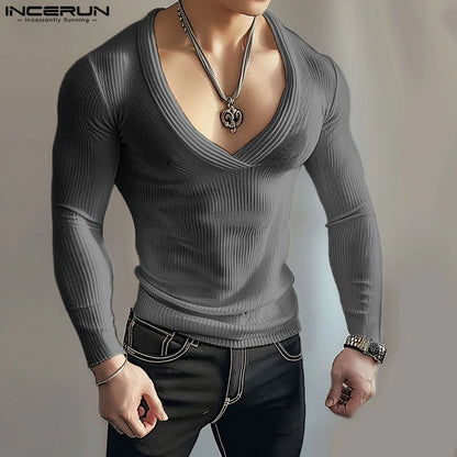 Fashion Well Fitting Tops INCERUN New Men's Knitted T-shirt Leisure Male Slightly Transparent V-neck Long Sleeved Camiseta S-5XL