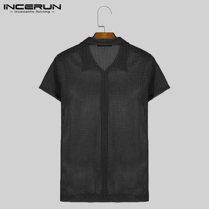 INCERUN MEN Shirts 2024 Fashion Short Sleeve Tops Hollow Out Shirt Men Clothing Streetwear Solid Lapel Camisas Button Tee S-5XL