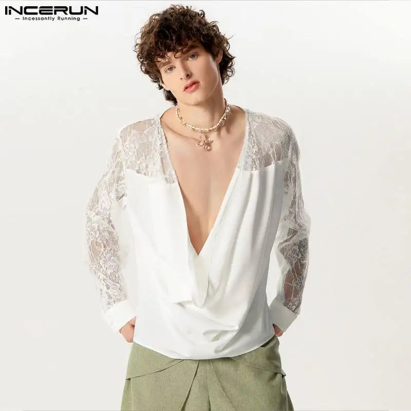 INCERUN Tops 2024 American Style New Men's Pile Up Collar Design Shirts Splicing Lace Male Solid Color Long Sleeved Blouse S-5XL