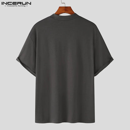 INCERUN Tops 2024 Korean Style Fashion New Men Zipper Design T-shirts Casual Solid Simple High Neck Short Sleeved Camiseta S-5XL