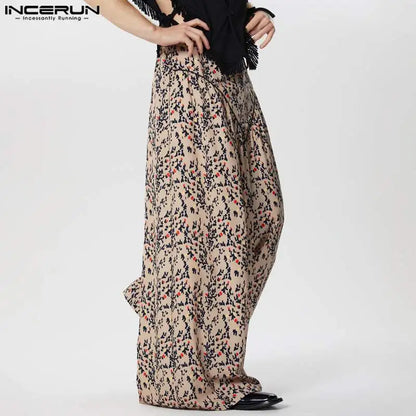 INCERUN 2024 American Style Pantalons Men Ethnic Printed High Waisted Silhouette Pants Casual Well Fitting Loose Trousers S-5XL