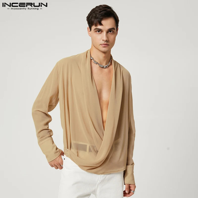 INCERUN Tops 2023 American Style New Men's Fashion Bright Stripes Pile Blouse Casual Solid Color Cross Long Sleeve Shirts S-5XL