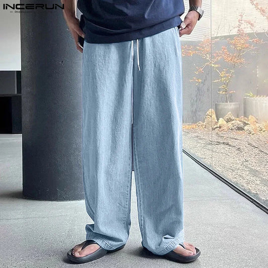 INCERUN 2024 Korean Style Pantalons Men's Elastic Waistband Pleated Straight Leg Pant Leisure Solid Drawstring Wide Leg Trousers