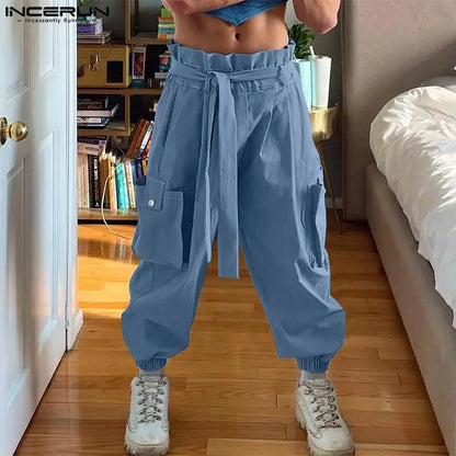 INCERUN Männer Cargo Hosen Solide Jogger Elastische Taille Hosen Männer Mit Gürtel Streetwear Lose 2024 Mode Casual Pantalon S-5XL