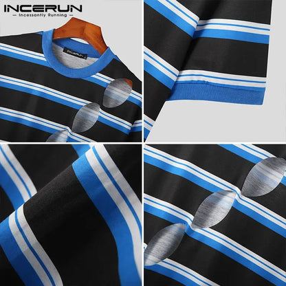 INCERUN Tops 2023 American Style Men's Patchwork Striped Button T-shirts Casual Streetwear Hollowed Short Sleeved Camiseta S-5XL