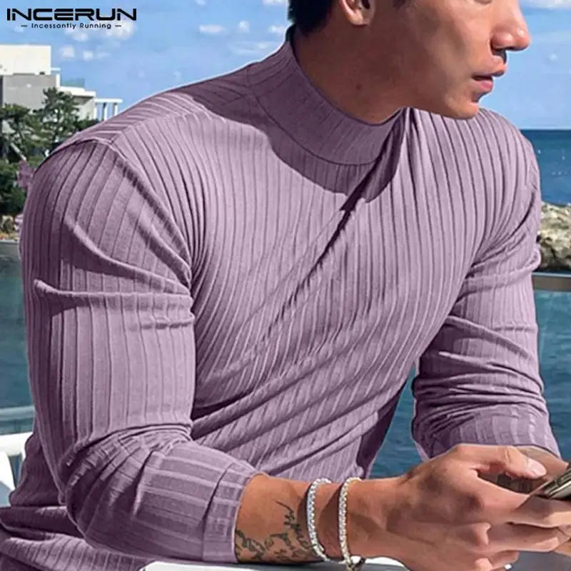 INCERUN Tops 2023 Korean Style New Mens All-match Simple Knitting T-shirts Casual Fashion Male Solid Long Sleeved Camiseta S-5XL