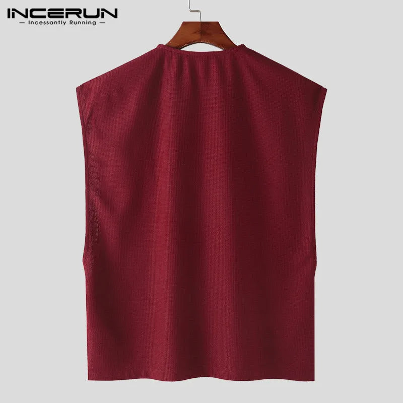 INCERUN Tops 2024 Korean Style Handsome Mens Solid Textured Vests Casual Streetwear Loose Comfortable Sleeveless Tank Tops S-5XL