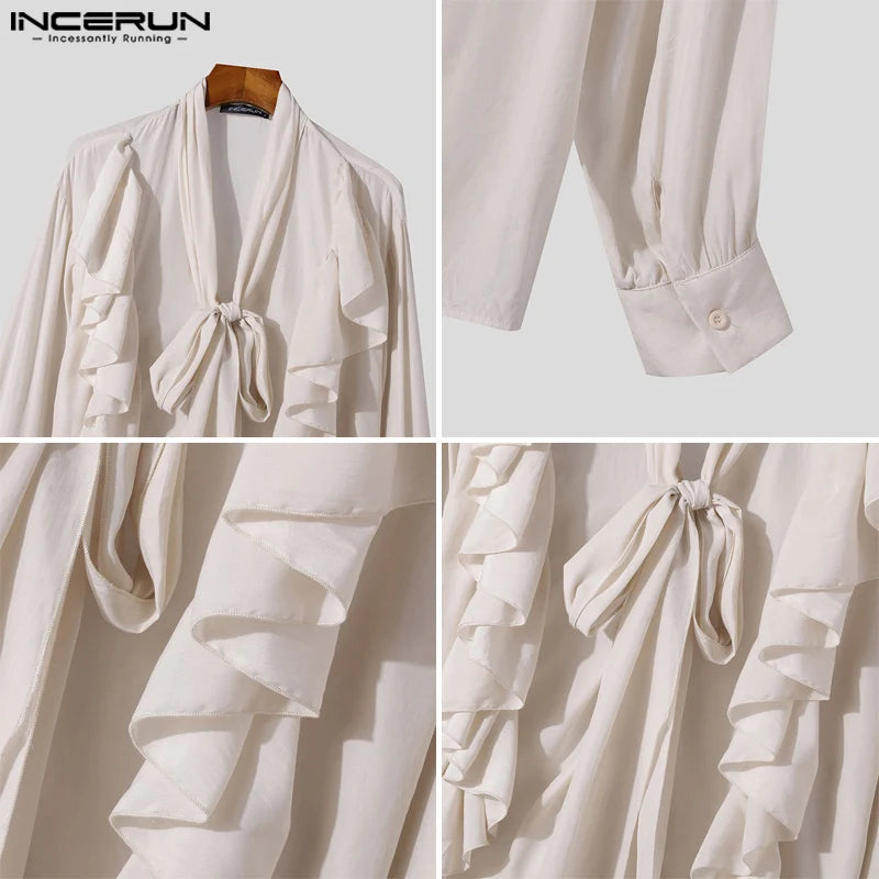 Fashion Sexy Style Tops INCERUN Handsome Men Loose Tie Design Ruffled Shirt Casual Clubwear Solid Long Sleeved Blouse S-5XL 2024