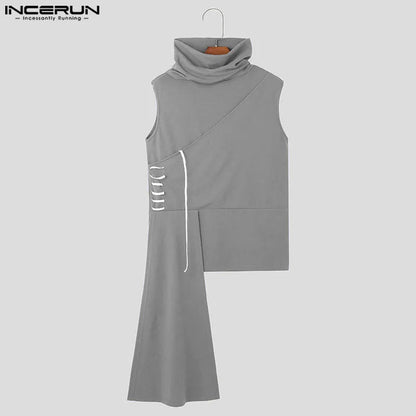 Fashion Casual Style Tops INCERUN Men's High Neck Irregular Design Vests Streetwear Patchwork Striped Sleeveless Tank Tops S-5XL