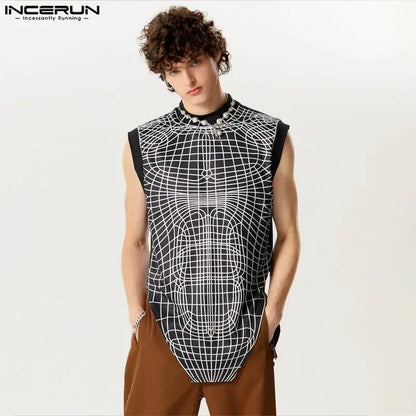 INCERUN Tops 2024 American Style Fashionable New Men Ripple Line Design Vests Casual Fit Patchwork Irregular Hem Tank Tops S-5XL