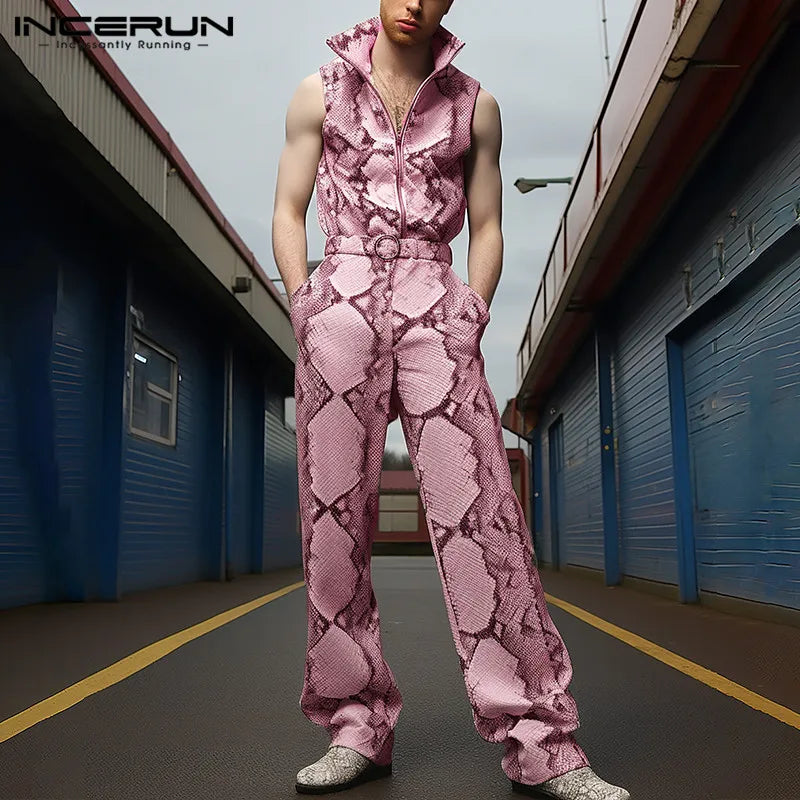 INCERUN 2024 American Style New Men Jumpsuits Personality Printed Jumpsuits Stylish Clubwear Male Lapel Sleeveless Rompers S-5XL