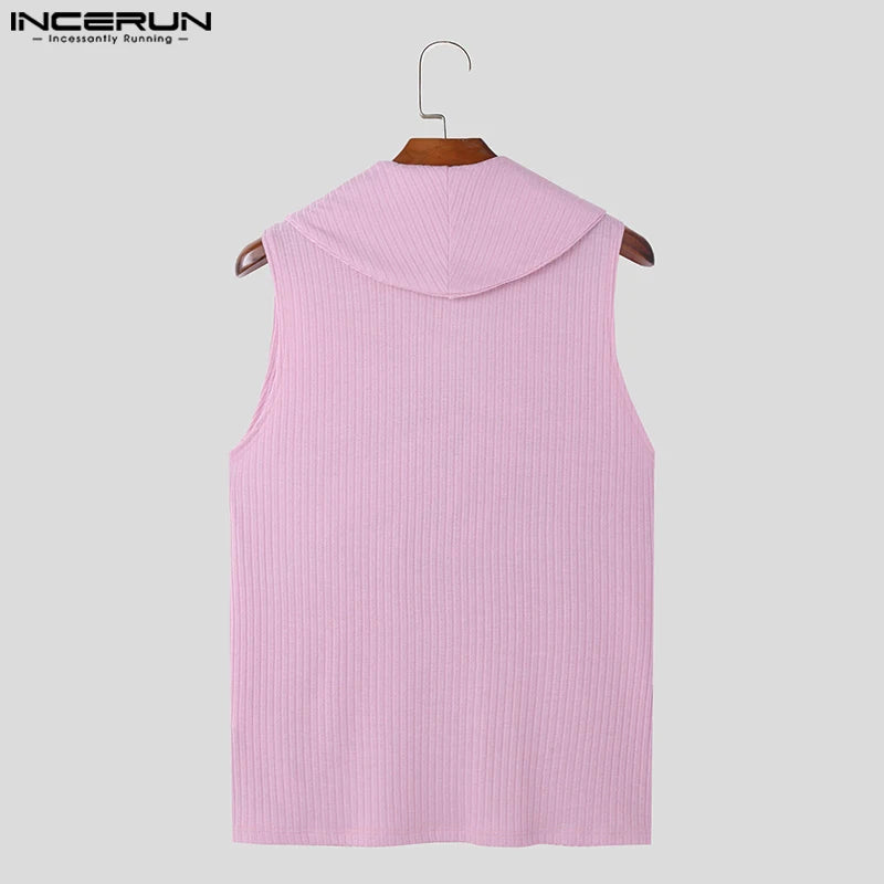 Fashion Well Fitting Tops INCERUN Mens Solid Striped Lapel Vests Summer Casual Streetwear Simple Sleeveless Tank Tops S-5XL 2024