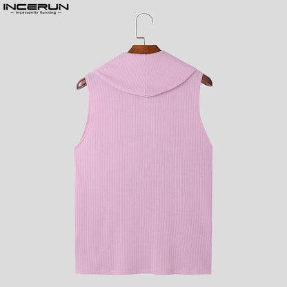 Fashion Well Fitting Tops INCERUN Mens Solid Striped Lapel Vests Summer Casual Streetwear Simple Sleeveless Tank Tops S-5XL 2024