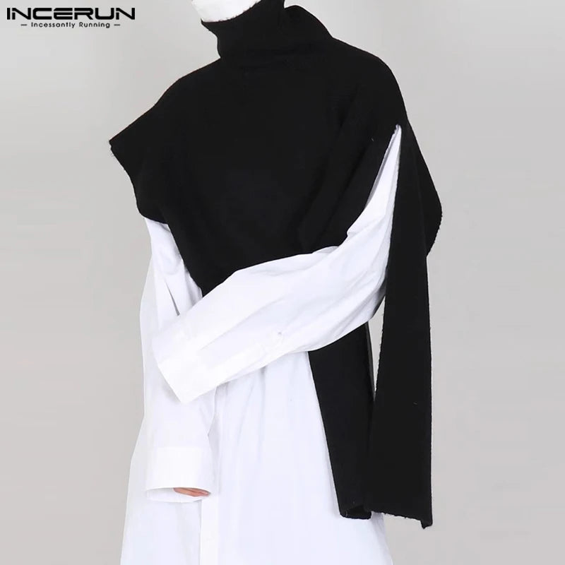 INCERUN Tops 2023 Korean Style Men's Cape Knitted High Necked Pullovers Stylish Irregular Cape Knitted Turtleneck Sweater S-5XL