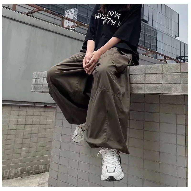 HOUZHOU Vintage Baggy Cargo Pants Men Cotton Wide Leg Trousers Male Oversize Retro Loose Casual Japanese Streetwear Hip Hop