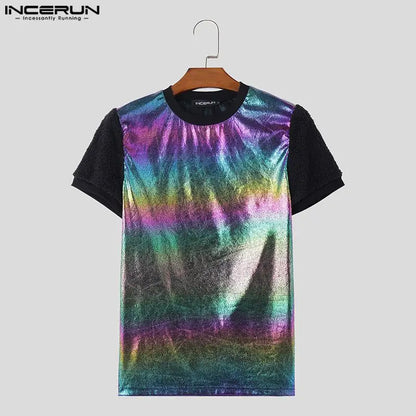 INCERUN Tops 2024 American Style Fashion Men's Flash Fabric T-shirts Casual Knitted Splicing Plush Short Sleeved Camiseta S-5XL