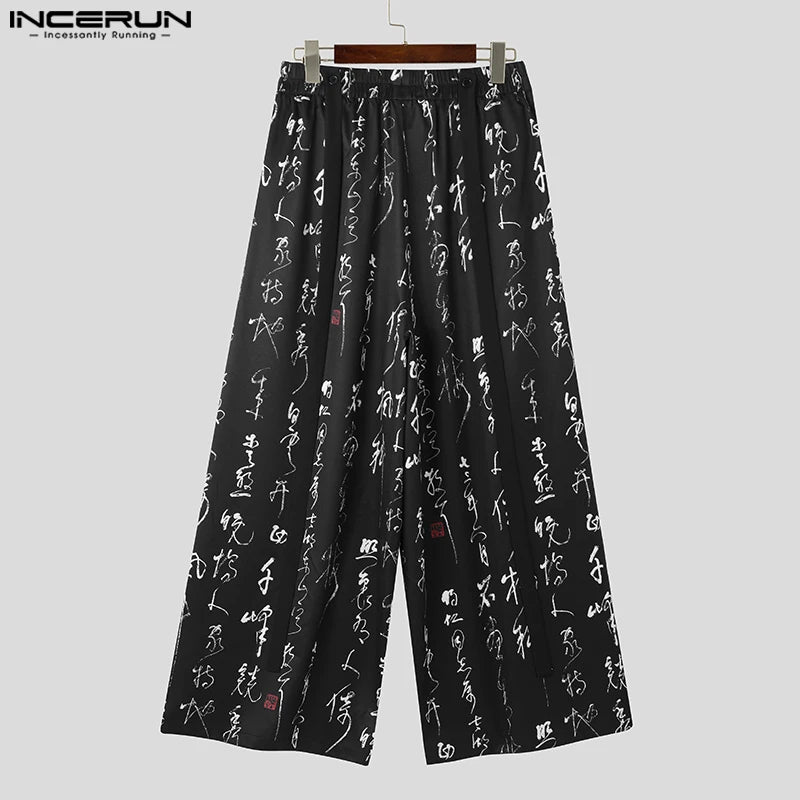 INCERUN 2023 Pantalons de style chinois pour hommes Mode Art Word Imprimé Pantalons à jambes larges Pantalons décontractés Streetwear Pantalons à jambe droite S-5XL