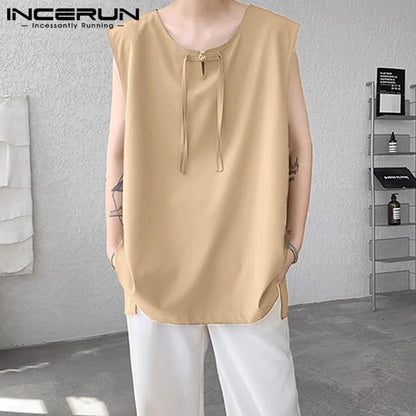 Handsome New Men's Tops INCERUN 2024 Street Hanging Buckle Design Vests Summer Casual Simple Solid Color O-neck Tank Tops S-5XL