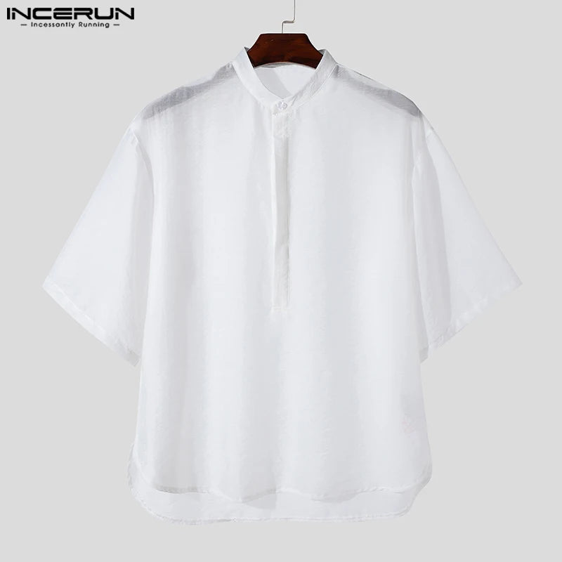 Hübsche, gut sitzende Oberteile INCERUN Herren-Lockerhemden Sommer Casual Streetwear Einfache Stehkragen Halbarm Bluse S-5XL 2024