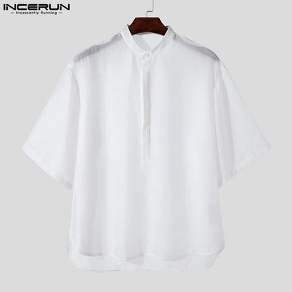 Handsome Well Fitting Tops INCERUN Men's Loose Shirts Summer Casual Streetwear Simple Stand Neck Half Sleeved Blouse S-5XL 2024