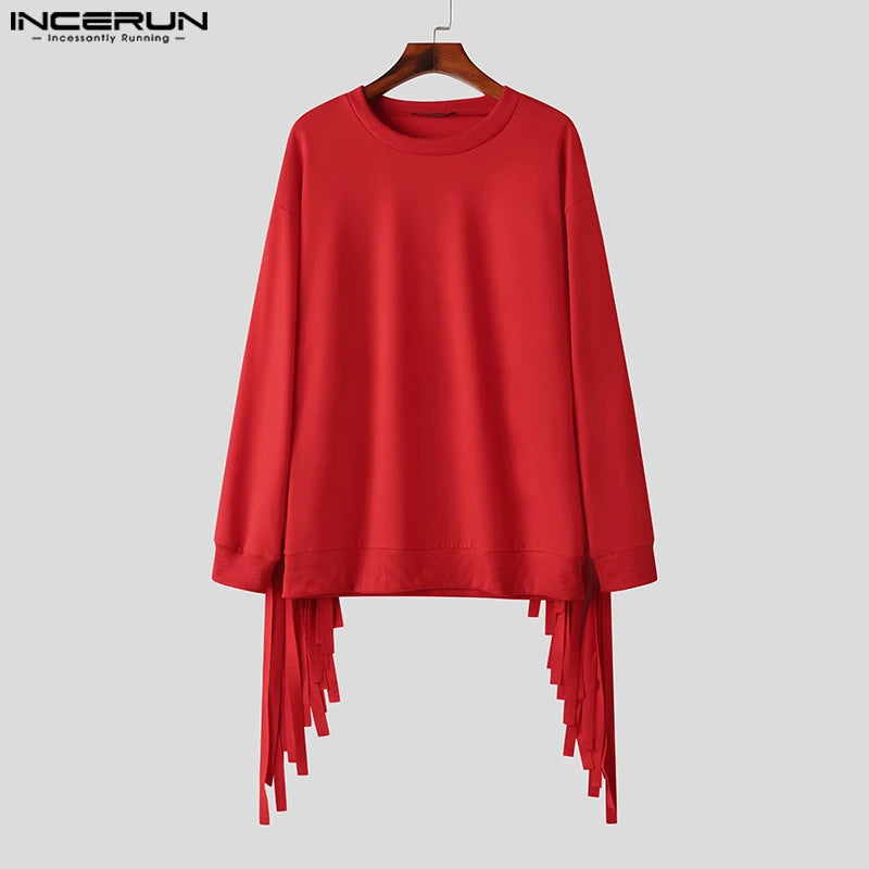 INCERUN Tops 2024 Korean Style New Men's Red Tassel O-neck Design Camiseta Stylish Hot Selling Male Long Sleeved T-shirts S-5XL