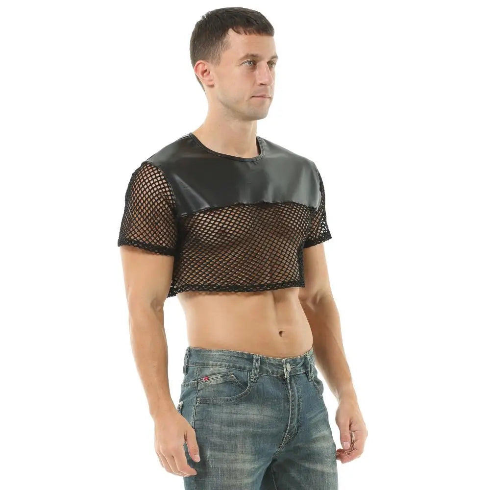 T-shirt sexy en maille transparente pour homme à manches courtes en résille imitation cuir vêtements pour hommes à la mode hauts t-shirts sous-vêtements