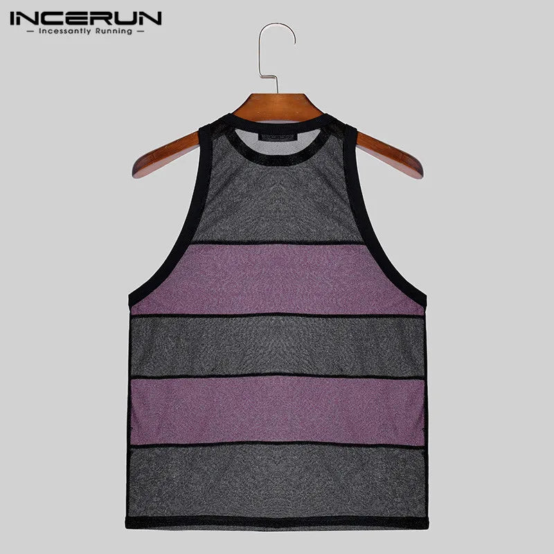 INCERUN Tops 2024 Style coréen Hommes Maille Contraste Couleur Patchwork Débardeurs Sexy Mode Perspective Mince Gilets Sans Manches S-5XL